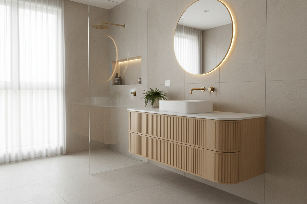 Wall-hung vanity with concealed plumbing in an Australian bathroom