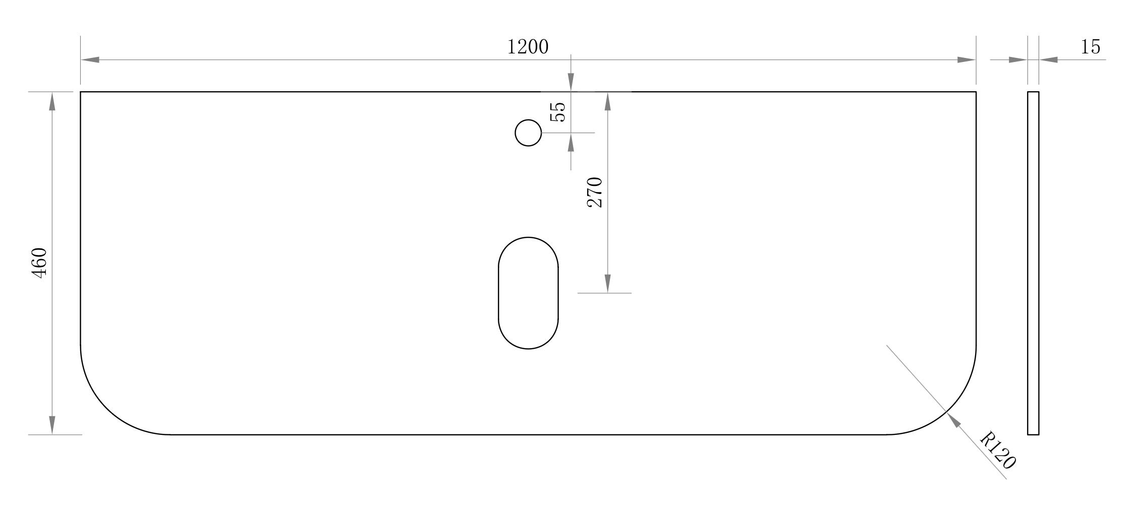 Aeris Stone Vanity Top 1200 mm Curved 15 mm thick basin cut-out with centre tap hole (Pure white)