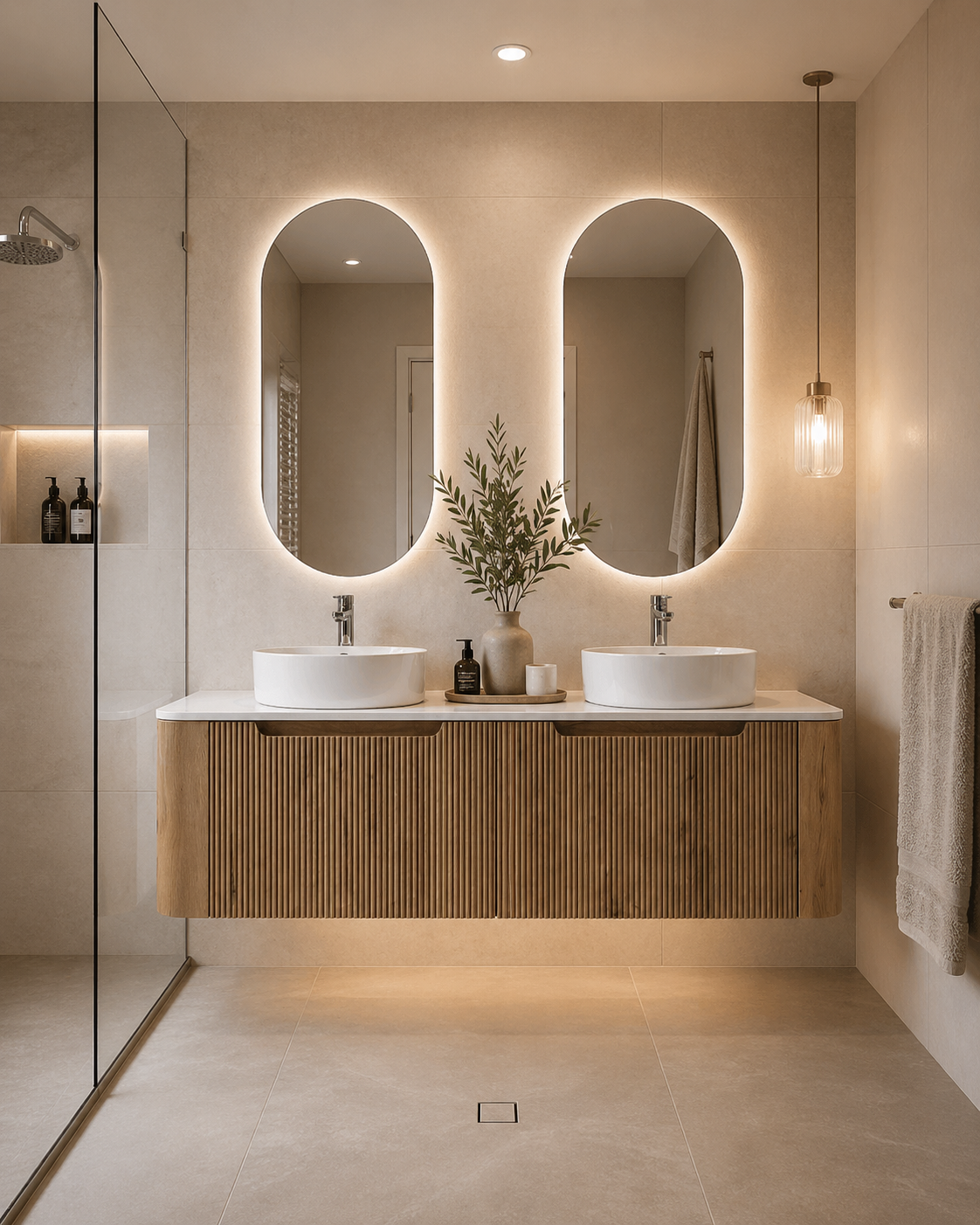 Modern bathroom with wooden vanity, double sink, and illuminated mirrors.