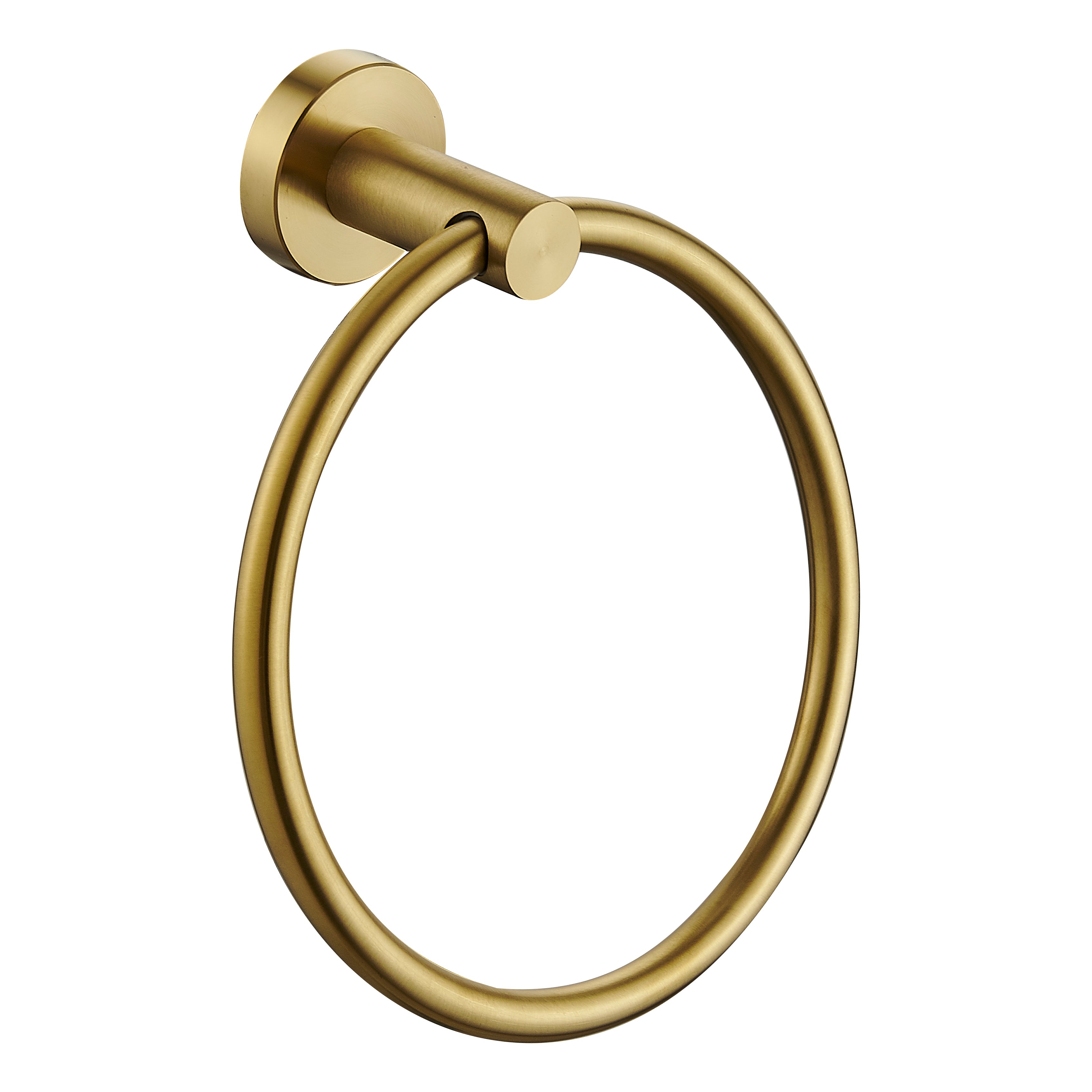 A single-handle towel ring in a brushed gold finish, shown against a solid white background.