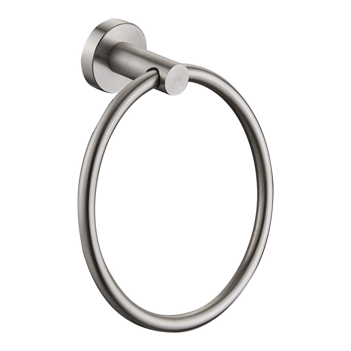 A wall-mounted towel ring in a brushed nickel finish, shown against a plain white background.