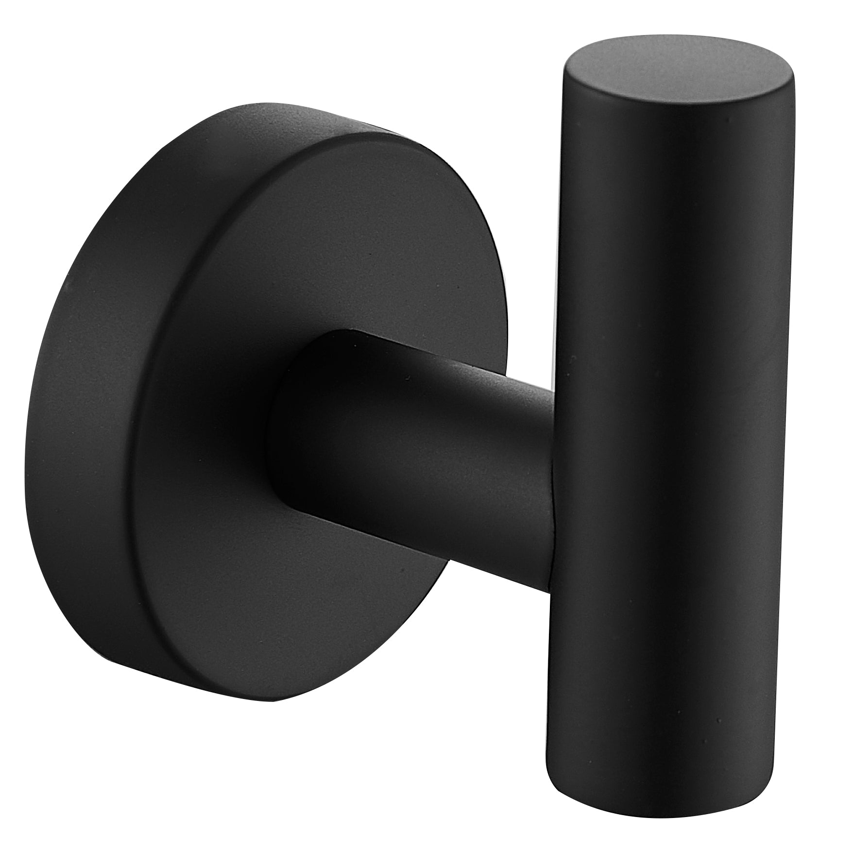 Matte black wall-mounted towel bar with a circular round backplate and cylindrical hanging arm, shown on a plain white background.