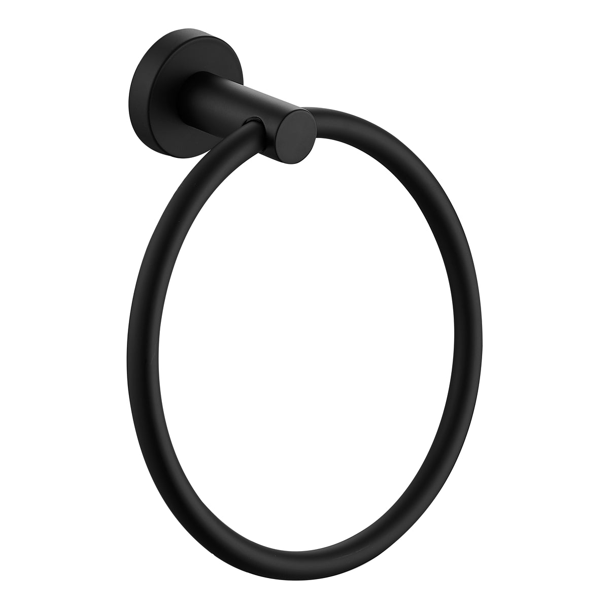 Matte black towel ring with a wall mount bracket, shown on a solid white background.