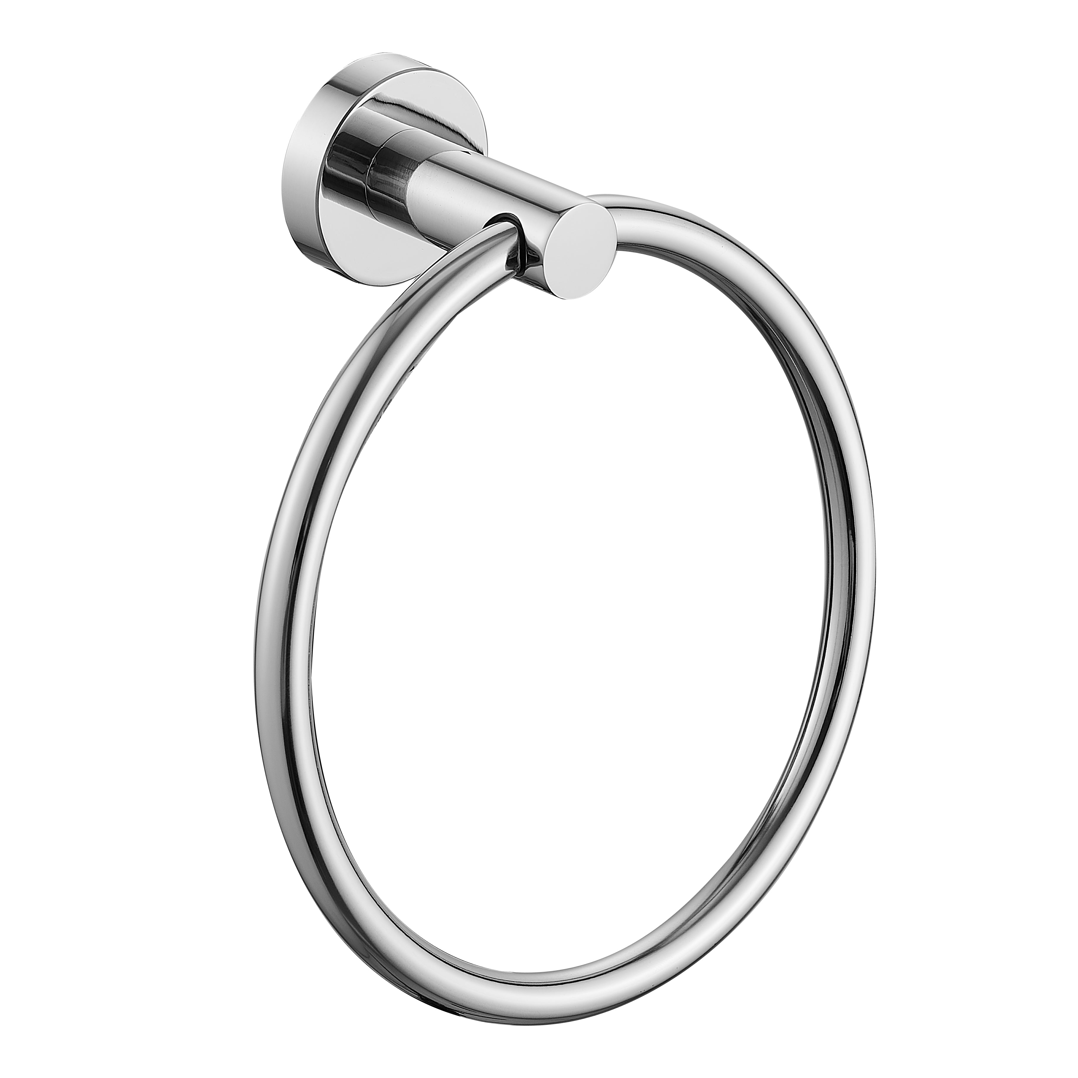 A polished chrome towel ring with a wall-mounted bracket, shown against a plain white background.