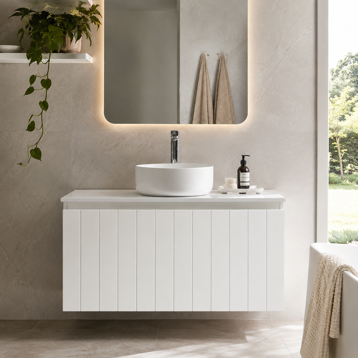 Modern bathroom vanity with round sink, mirror, and decorative elements.