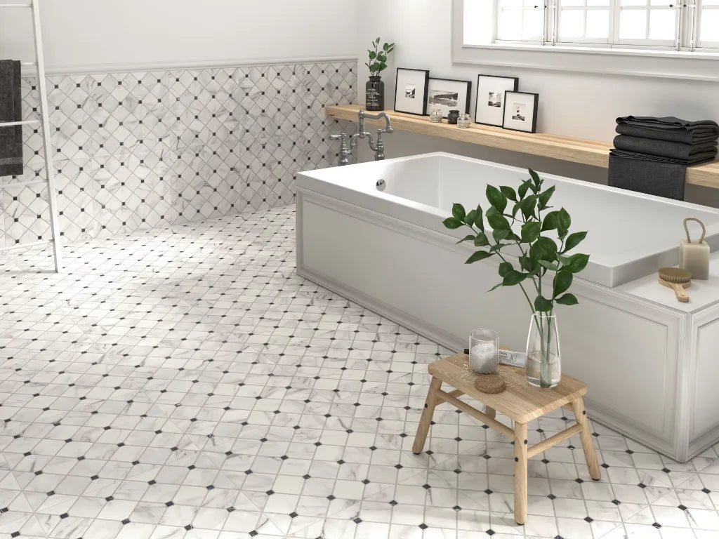 Bellanova White matt porcelain tile, 440 x 440 mm, featuring subtle marble-inspired veining and a geometric pattern with dark accent squares.