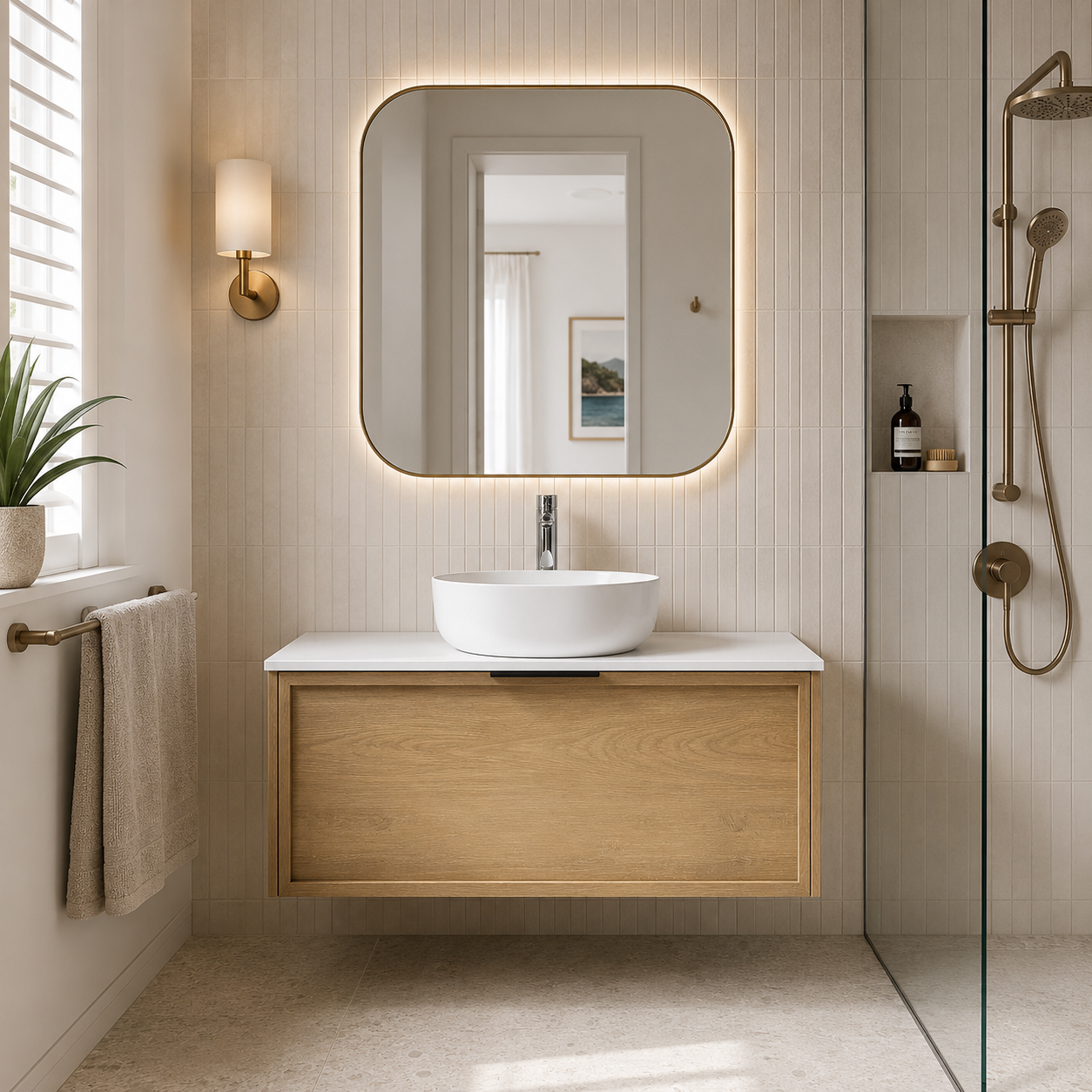 Modern bathroom with wooden vanity, white sink, and illuminated mirror.