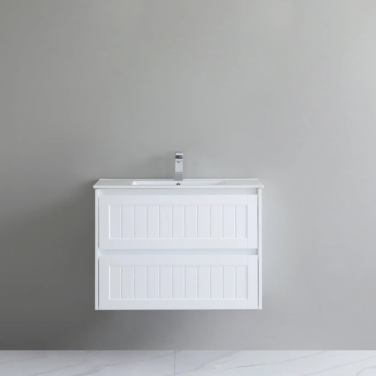 Fairhaven 900mm matt white Hamptons-style wall hung vanity with two drawers and classic panel detailing