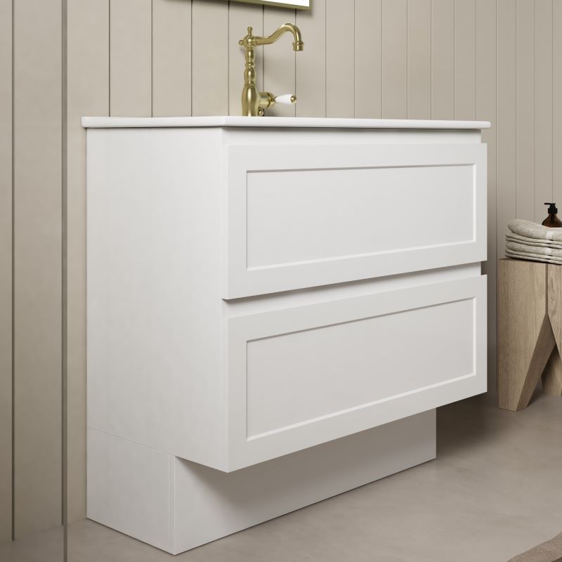 Hartwell 900mm white bathroom vanity with two panelled soft-close drawers, a white ceramic top and a modern wall-hung design.