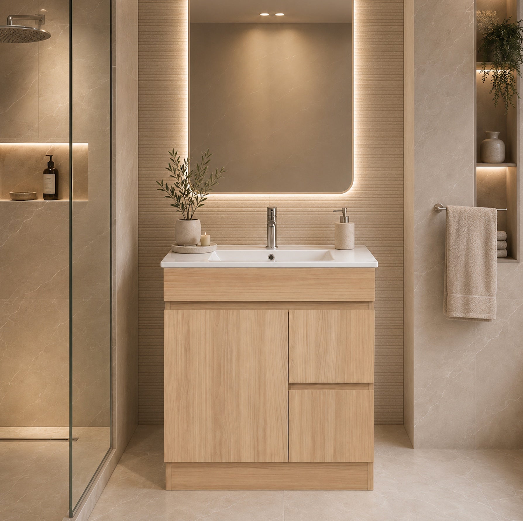 A modern bathroom vanity with a light wood cabinet, white integrated sink, shown in a styled bathroom setting with a lit mirror, towel, and glass shower screen.