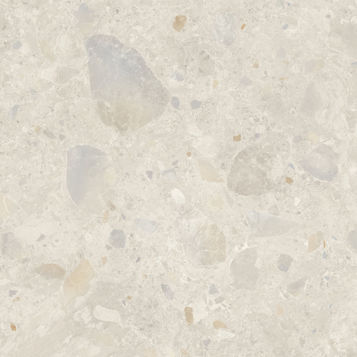 Liora Grey Terrazzo Porcelain Tile 600 × 600 mm with a light grey base and subtle beige and neutral stone-like fragments.