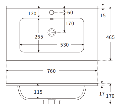 Luna 760mm Curved Ceramic Basin Top Dimensions
