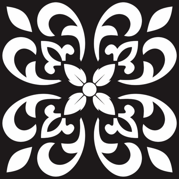 Shyloh Black and White matt porcelain tile 200 x 200 mm with intricate floral pattern