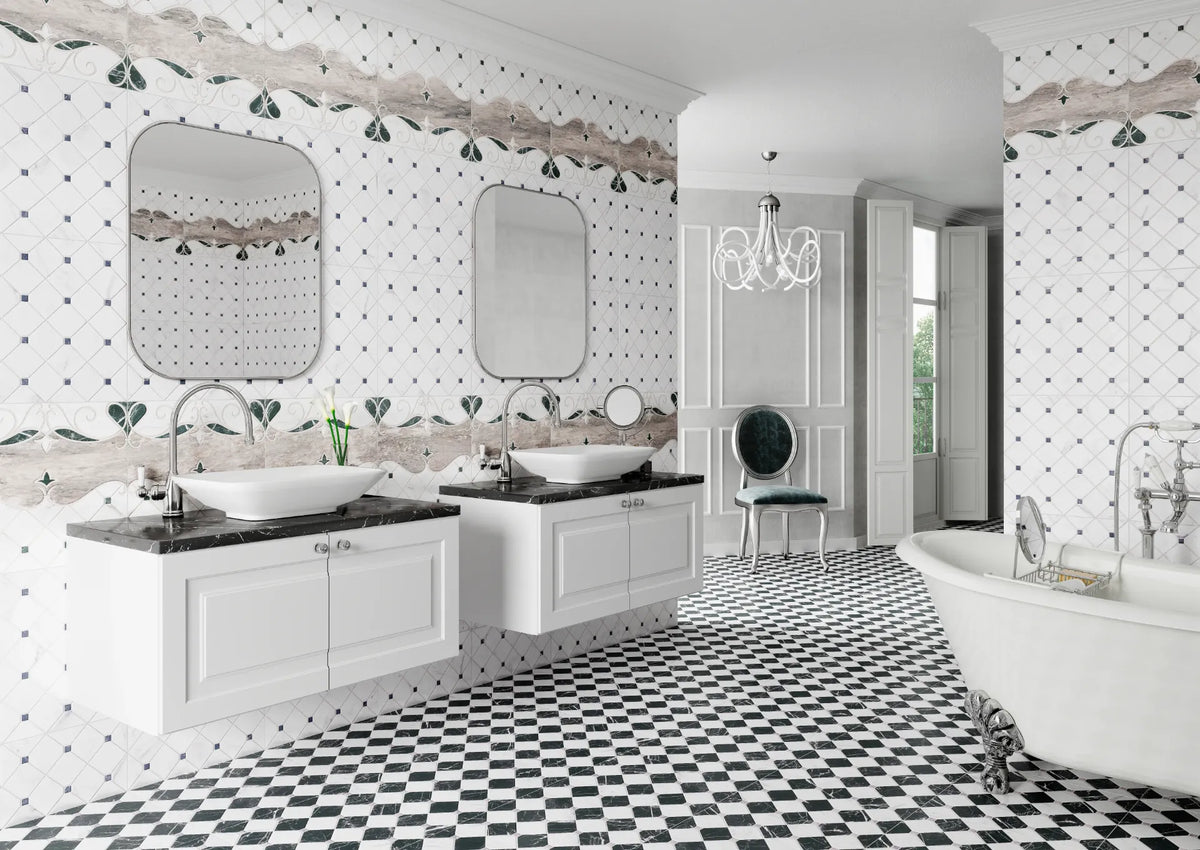 Velmora black and white matt porcelain tile, 440 x 440 mm, featuring a contrasting geometric pattern with marble-inspired veining.