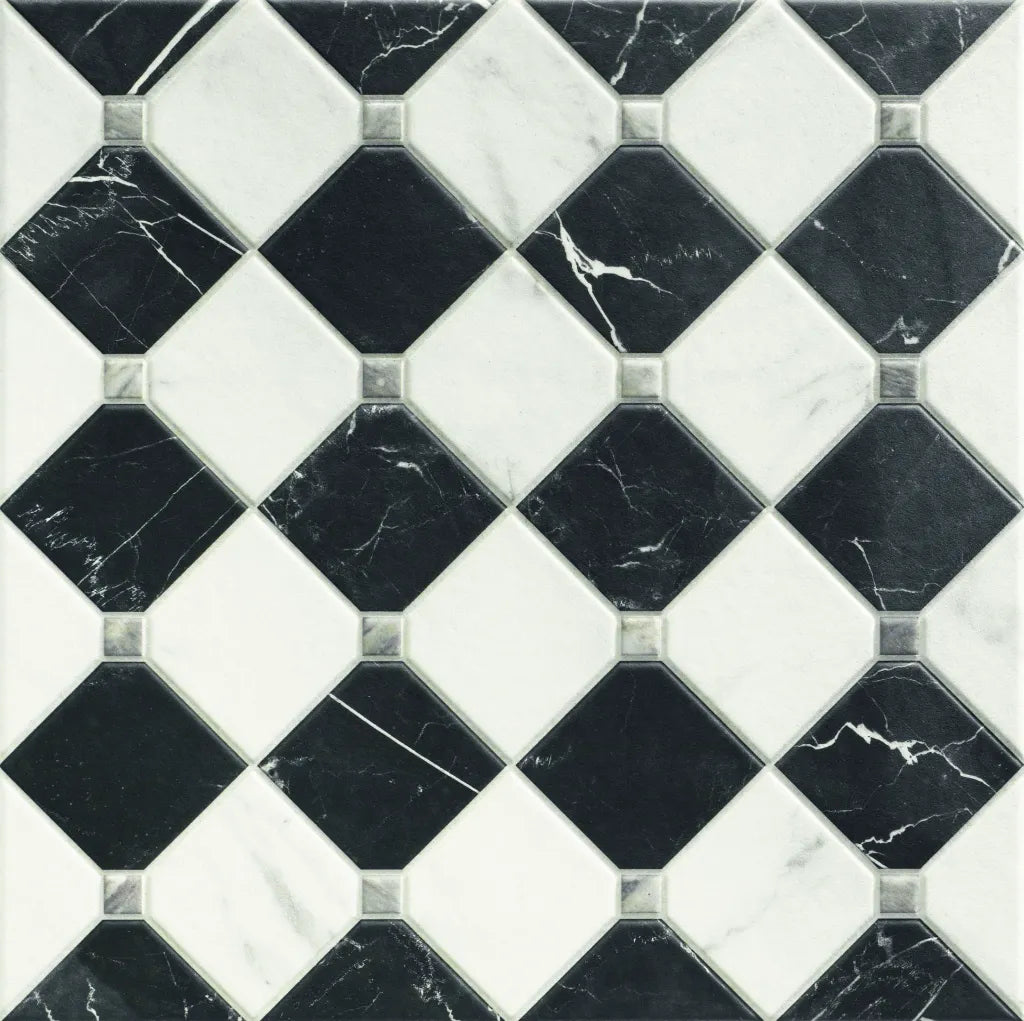 Velmora black and white matt porcelain tile, 440 x 440 mm, featuring a contrasting geometric pattern with marble-inspired veining.