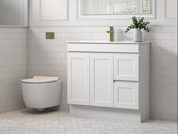 Westbury 900mm White Vanity with Ceramic Top in bathroom
