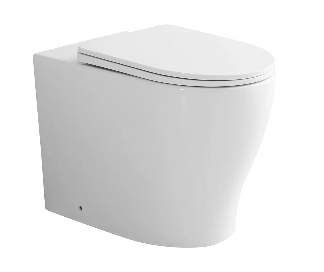 Zeus white wall faced floor pan toilet with rimless Tornado Flush system and slim UF seat, featuring a compact 590 × 365 × 440mm design.