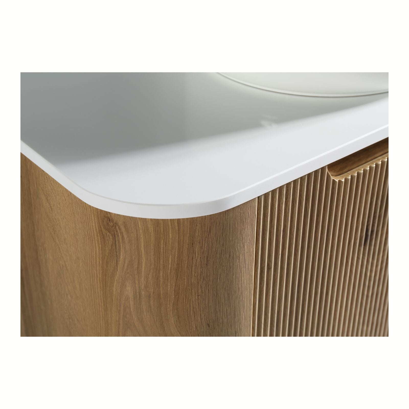 Arlocurve 750mm oak vanity—corner detail with fluted front