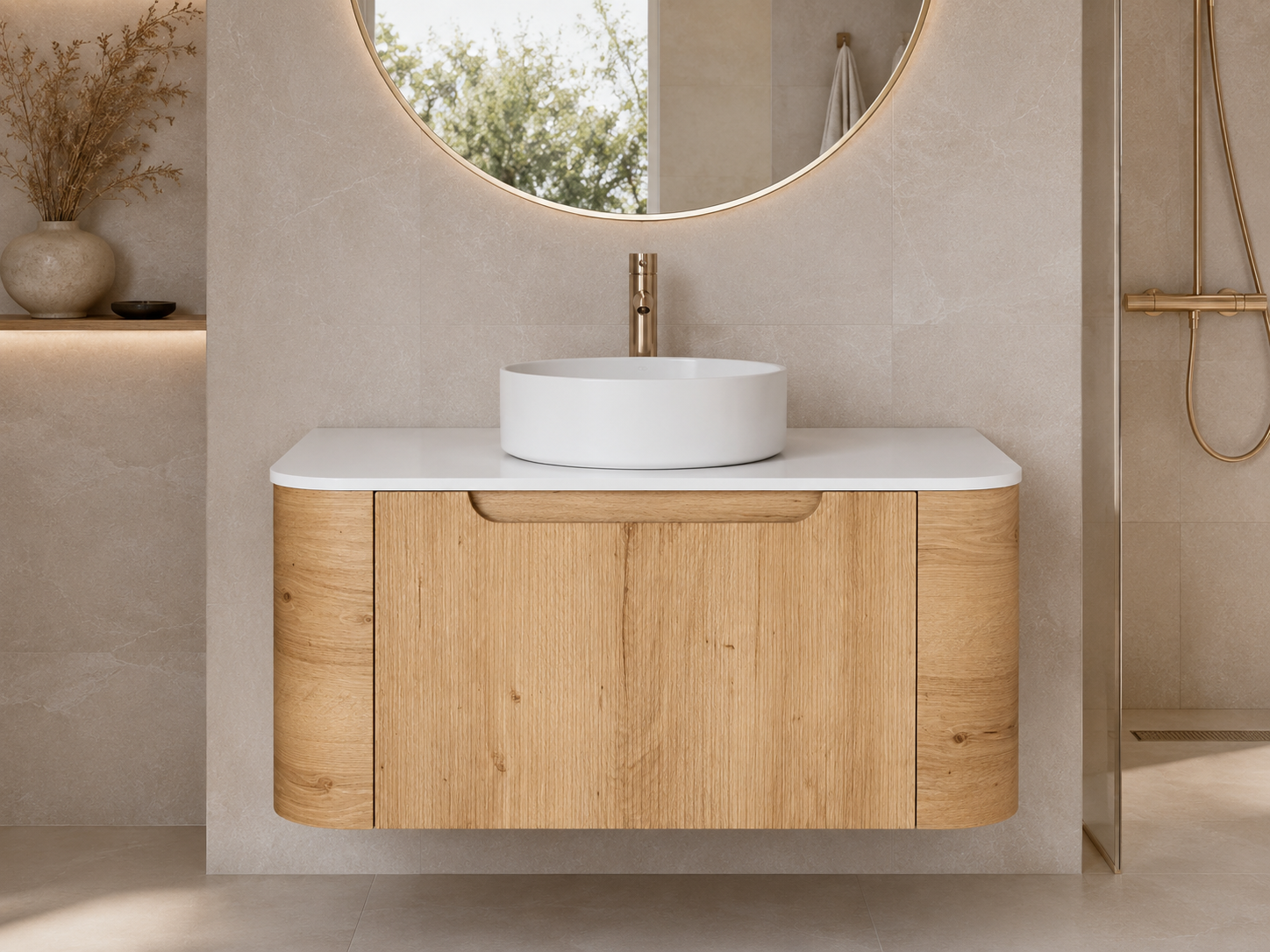 Arlocurve 900mm oak vanity—front detail
