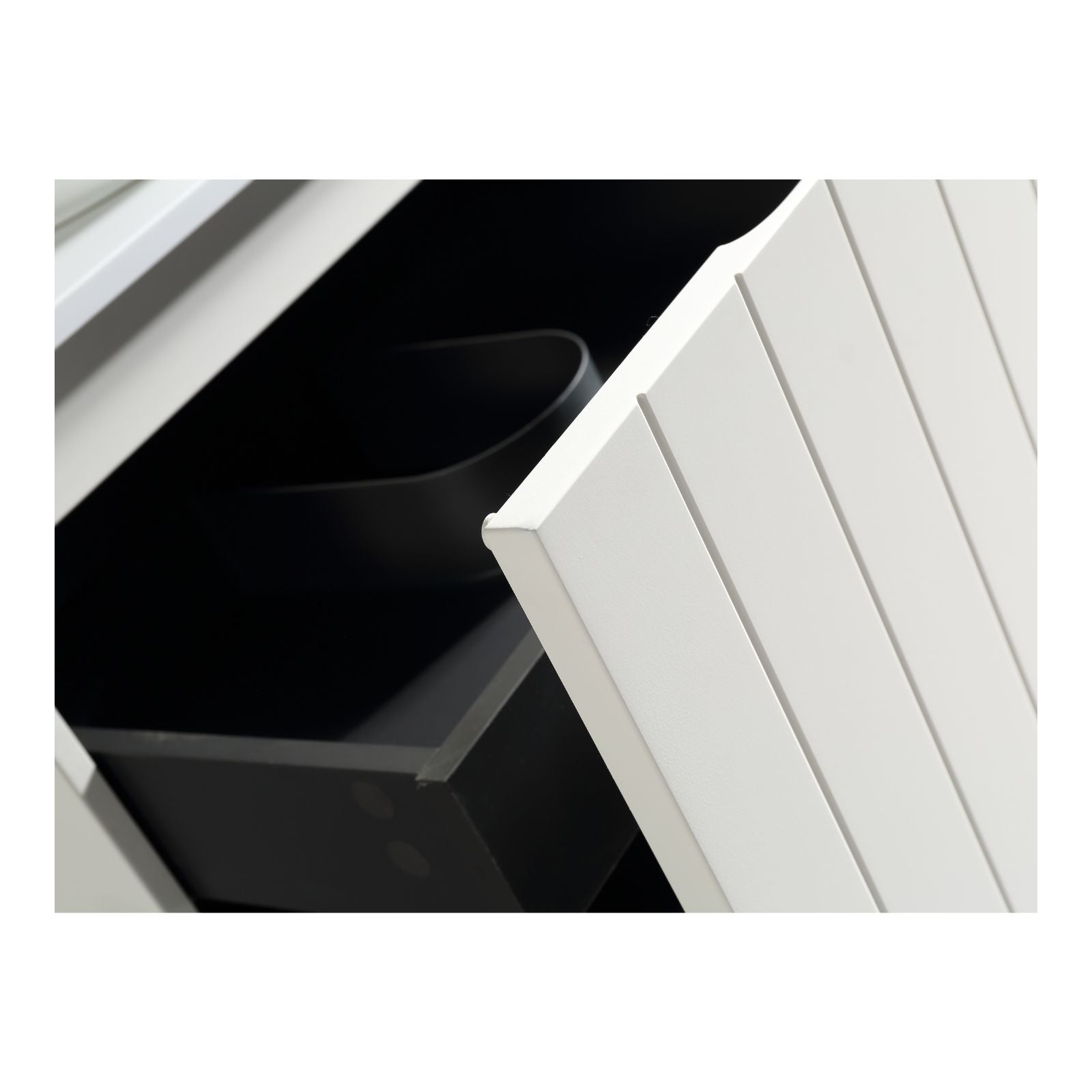 Bayshore 1500 mm wall hung vanity in matte white with fluted front and carved handle v groove angled view