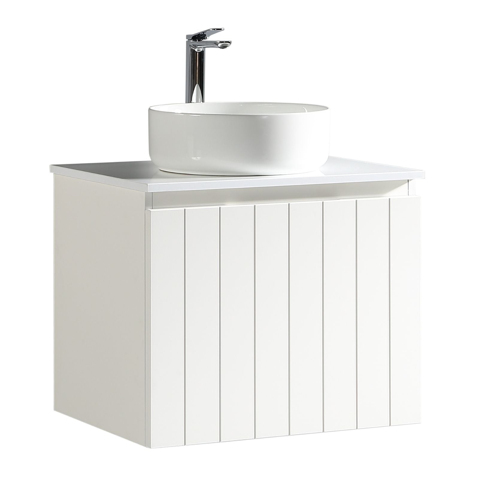 Bayshore 600 mm wall-hung vanity in matte white with fluted front and carved handle—angled view