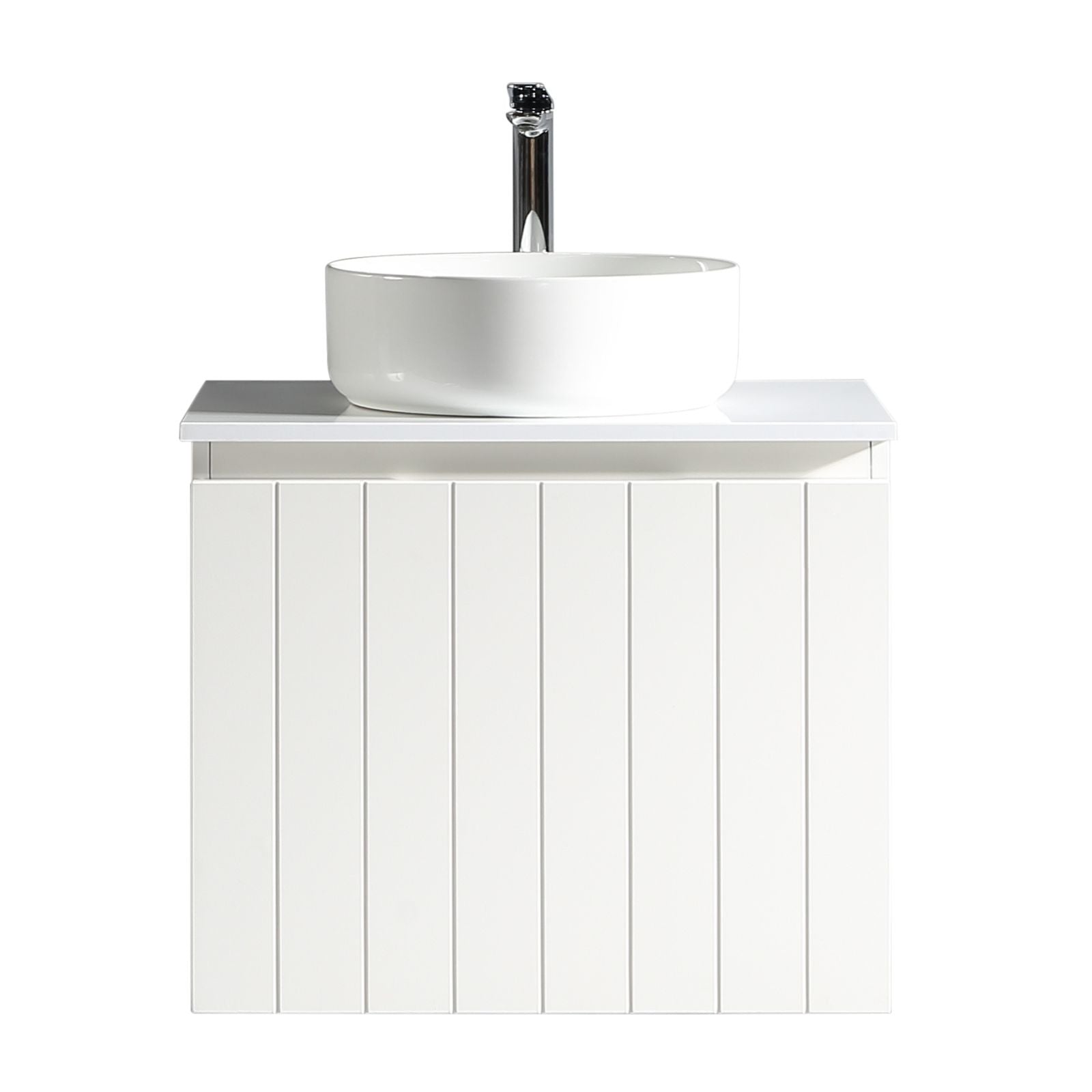 Bayshore 600 mm wall-hung vanity in matte white with fluted front and carved handle