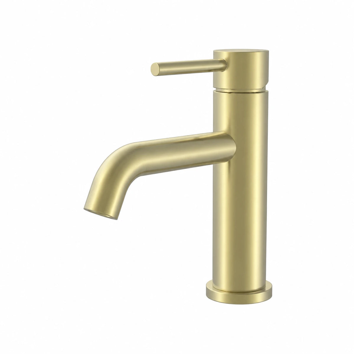 Velnora round vessel basin mixer in brushed brass finish on a white background.