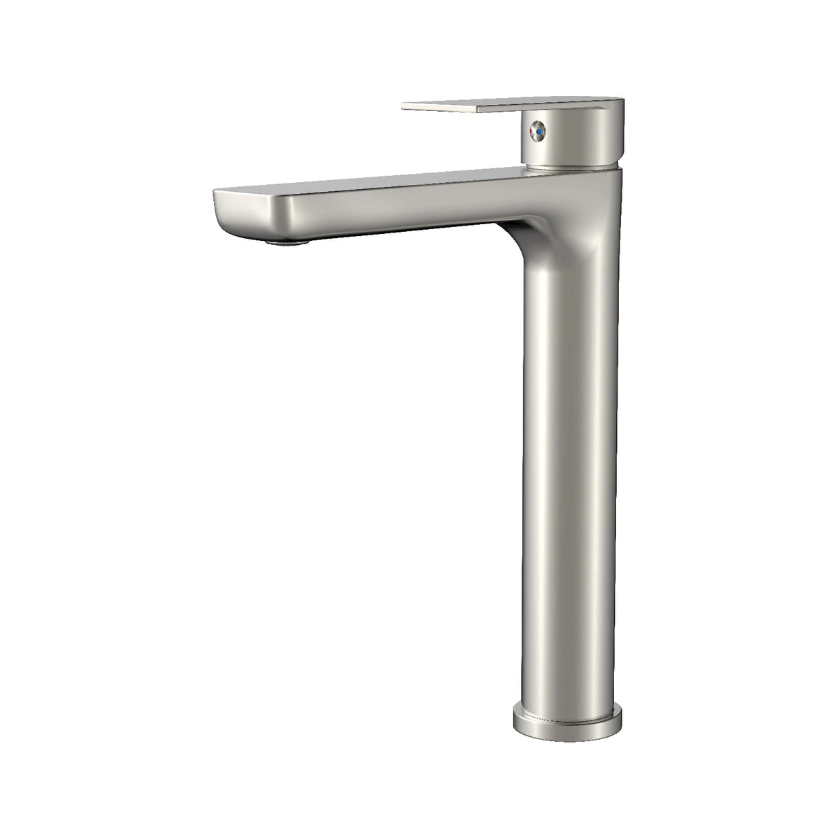 Velnora extended square vessel basin mixer in brushed nickel finish.