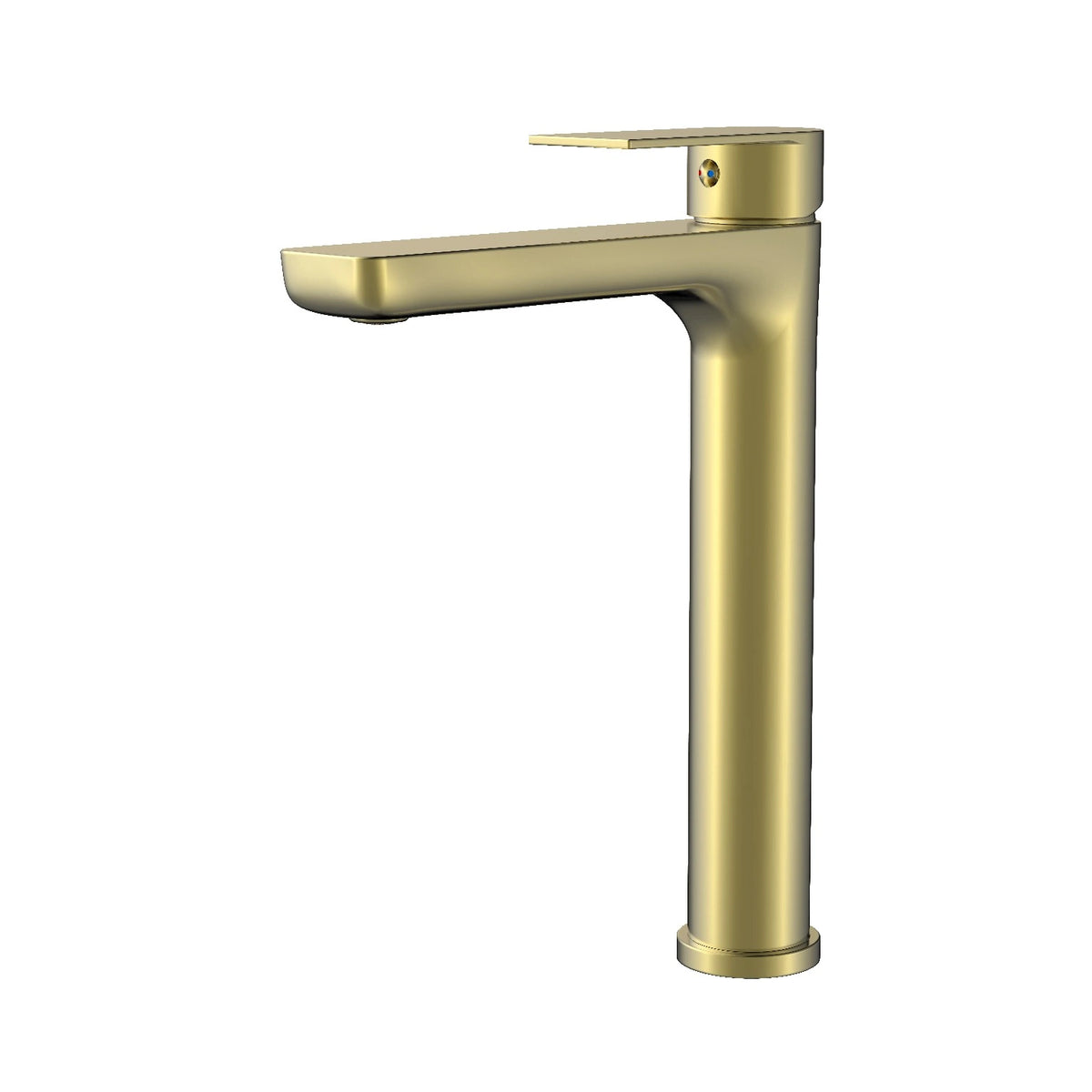 Velnora extended square vessel basin mixer in brushed brass finish.