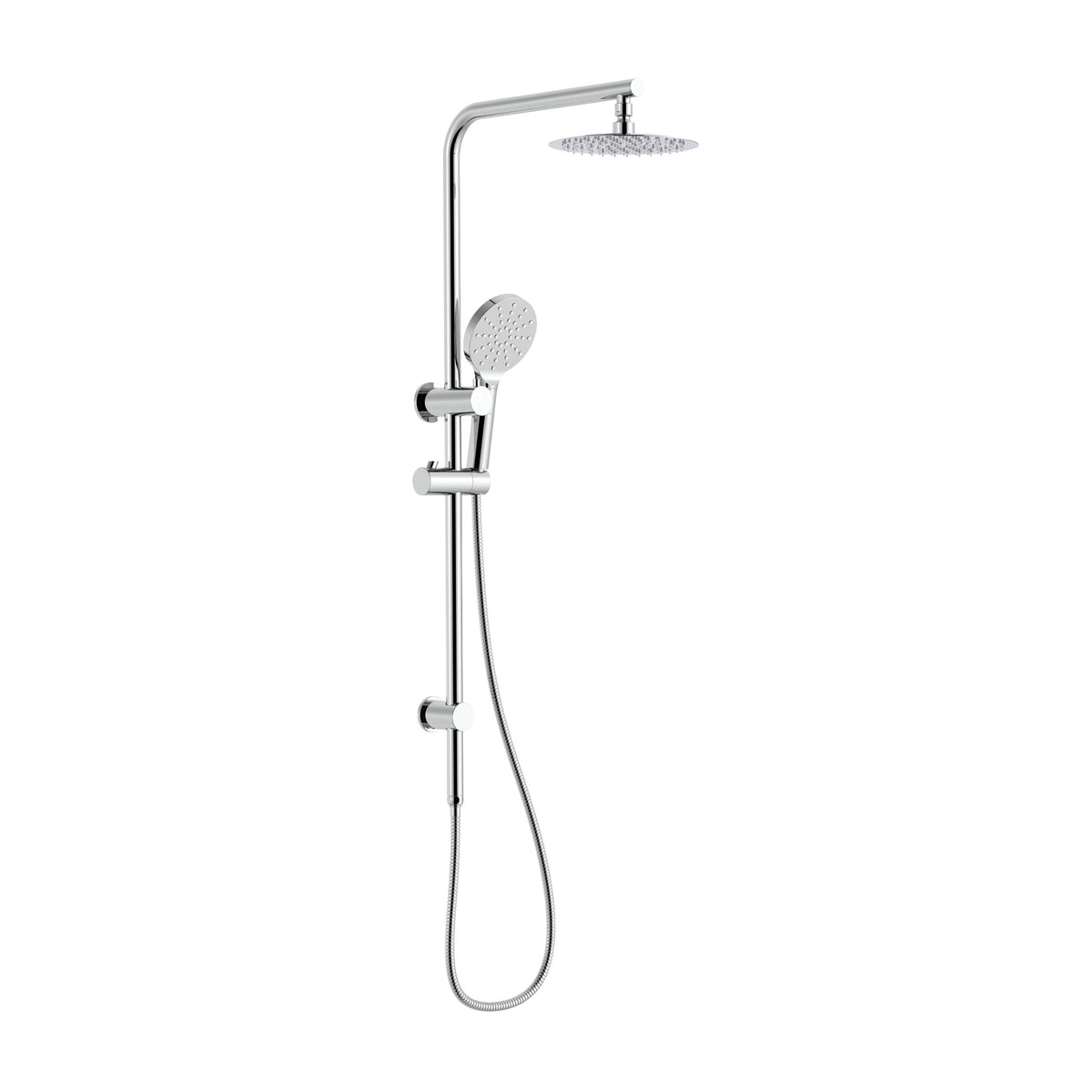 Velnora shower rail set with overhead shower and hand shower in chrome finish on a white background.