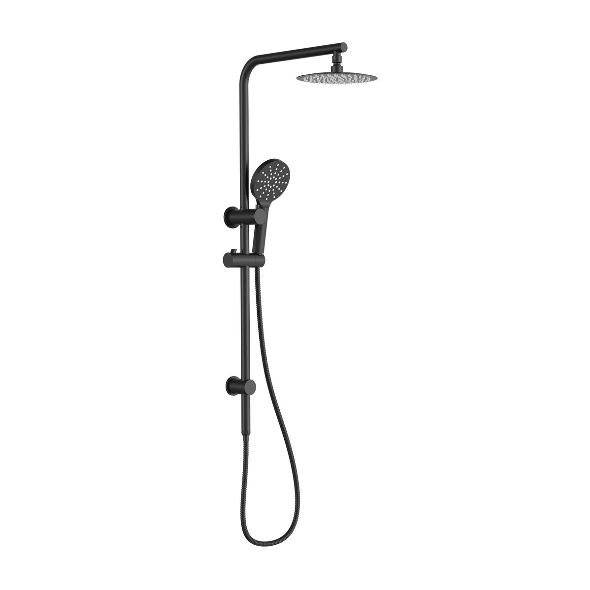 Velnora shower rail set with overhead shower and hand shower in matte black finish on a white background.