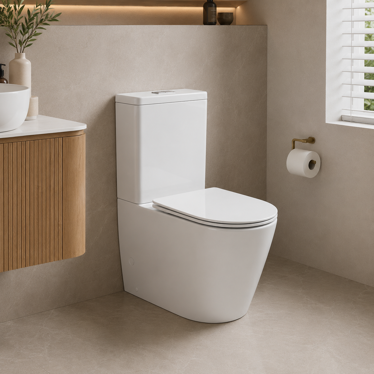 Modern rimless toilet suite in contemporary Australian bathroom