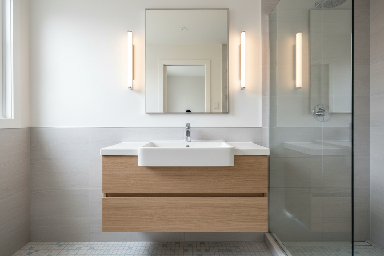 460mm deep wall-hung vanity in a small Australian bathroom