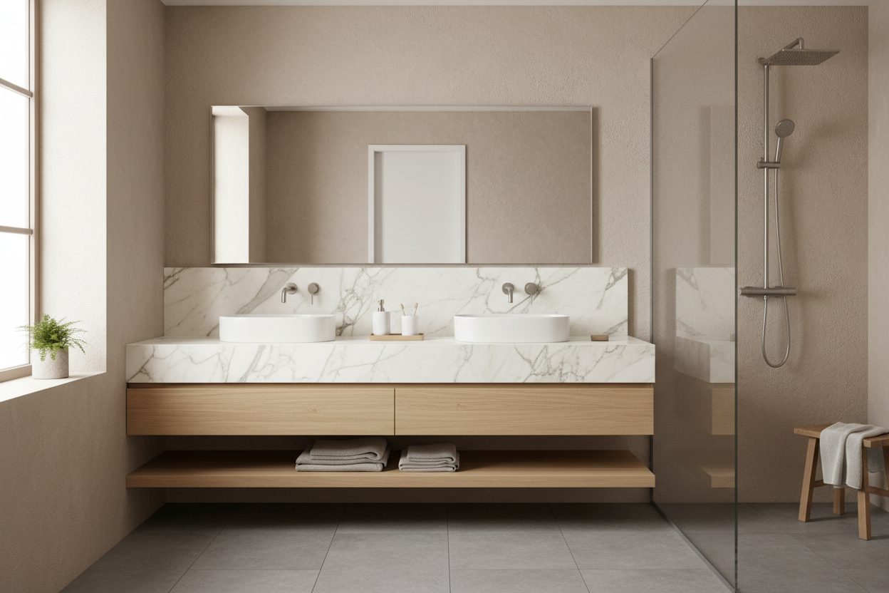 Wall-hung vanity with stone benchtop and double basins