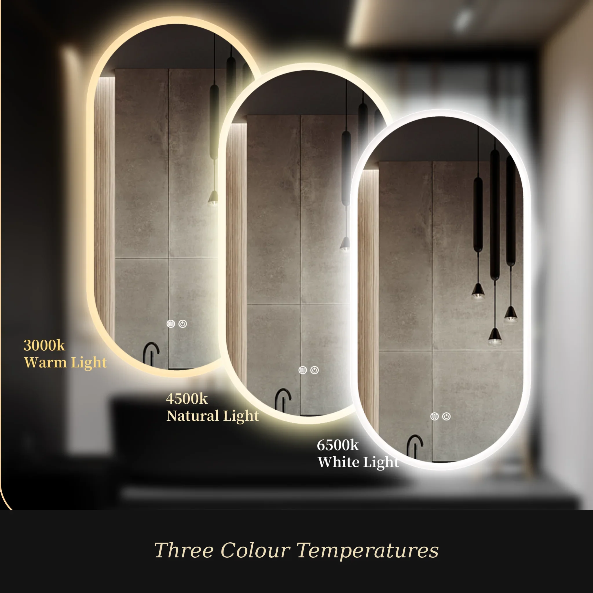 Premium LED bathroom mirrors with adjustable colour temperatures including warm light, natural light and white light, featuring illuminated frameless designs for modern Australian bathrooms.
