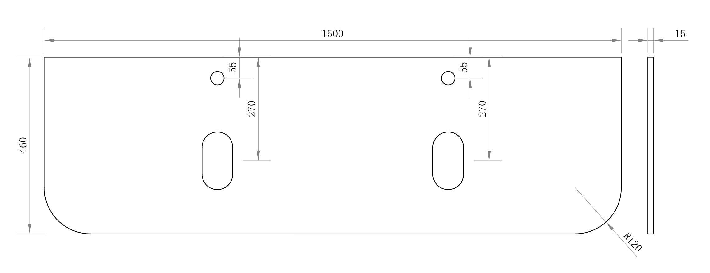 Aeris Stone Vanity Top 1500 mm Curved 15 mm thick double-basin cut-outs with two centre tap holes (Pure white)