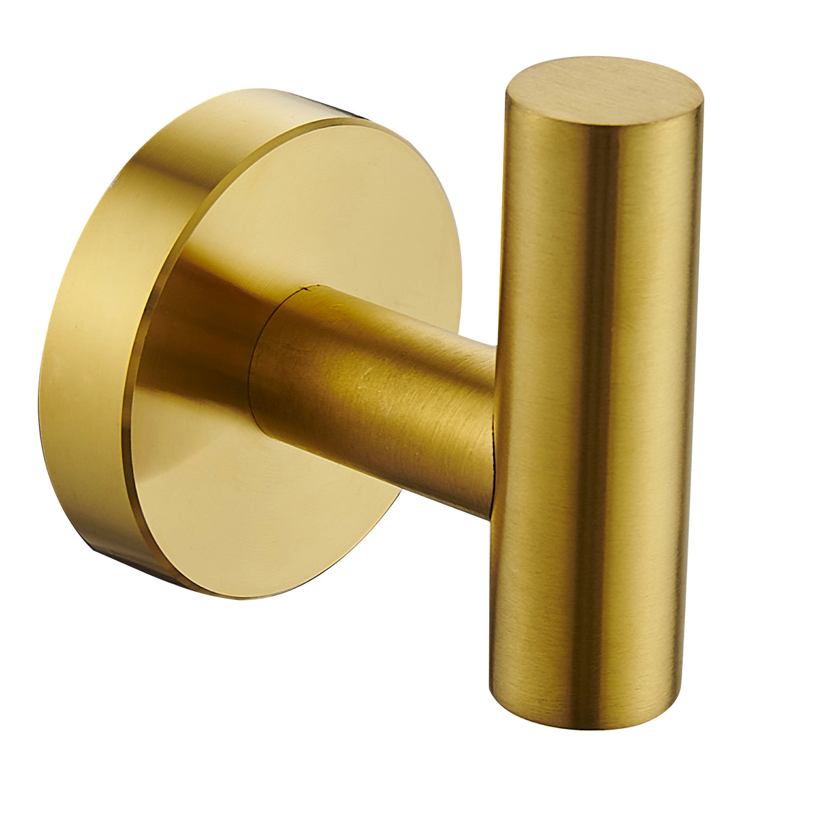 A modern wall-mounted towel bar with a cylindrical handle and a round backplate, finished in brushed gold.