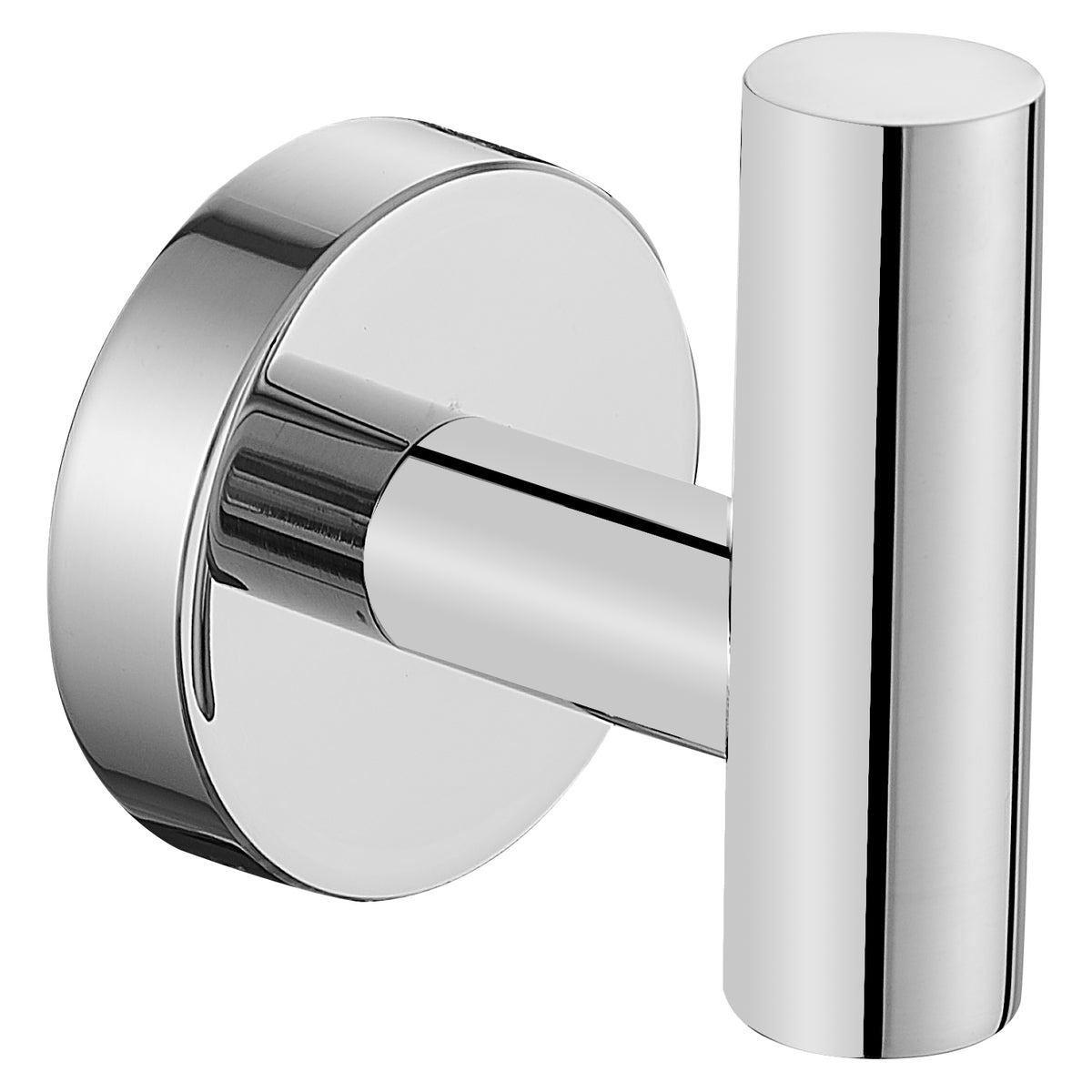 A modern wall-mounted bathroom fixture with a polished chrome T-shaped design, featuring a circular backplate and a vertical cylindrical handle, shown against a plain white background.