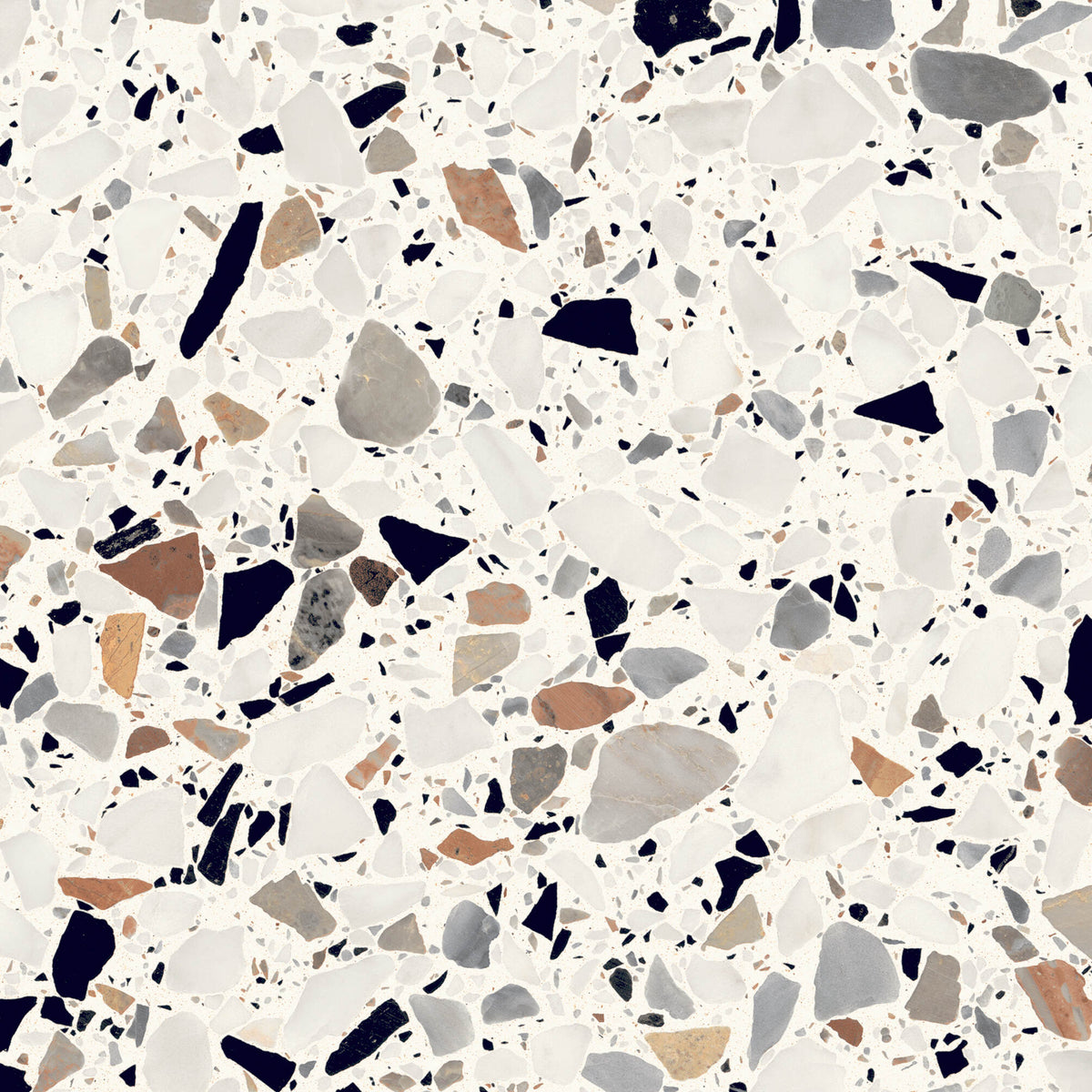 Avelora Bianco Matt Porcelain Tile in 200 x 200 mm, featuring a light base with contrasting white, grey, black and warm fragments.
