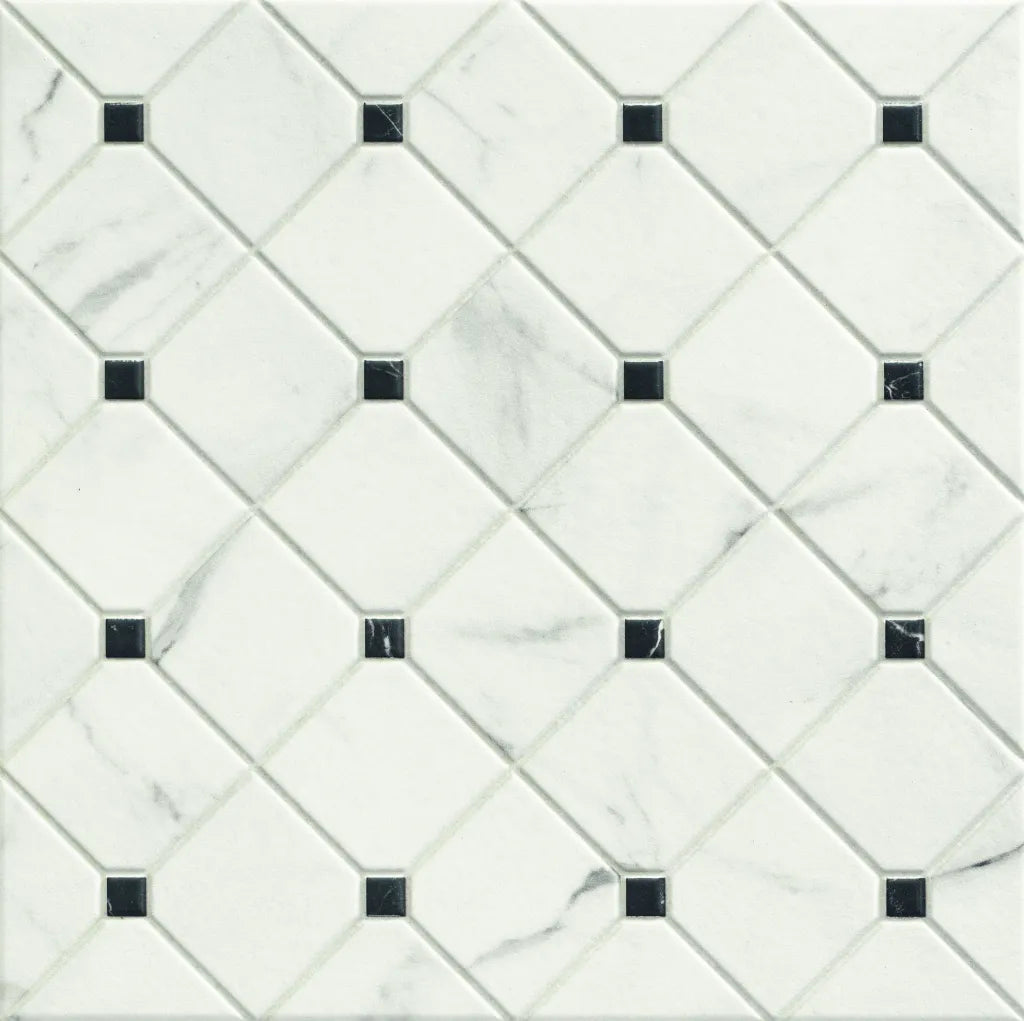 Bellanova White matt porcelain tile, 440 x 440 mm, featuring subtle marble-inspired veining and a geometric pattern with dark accent squares.