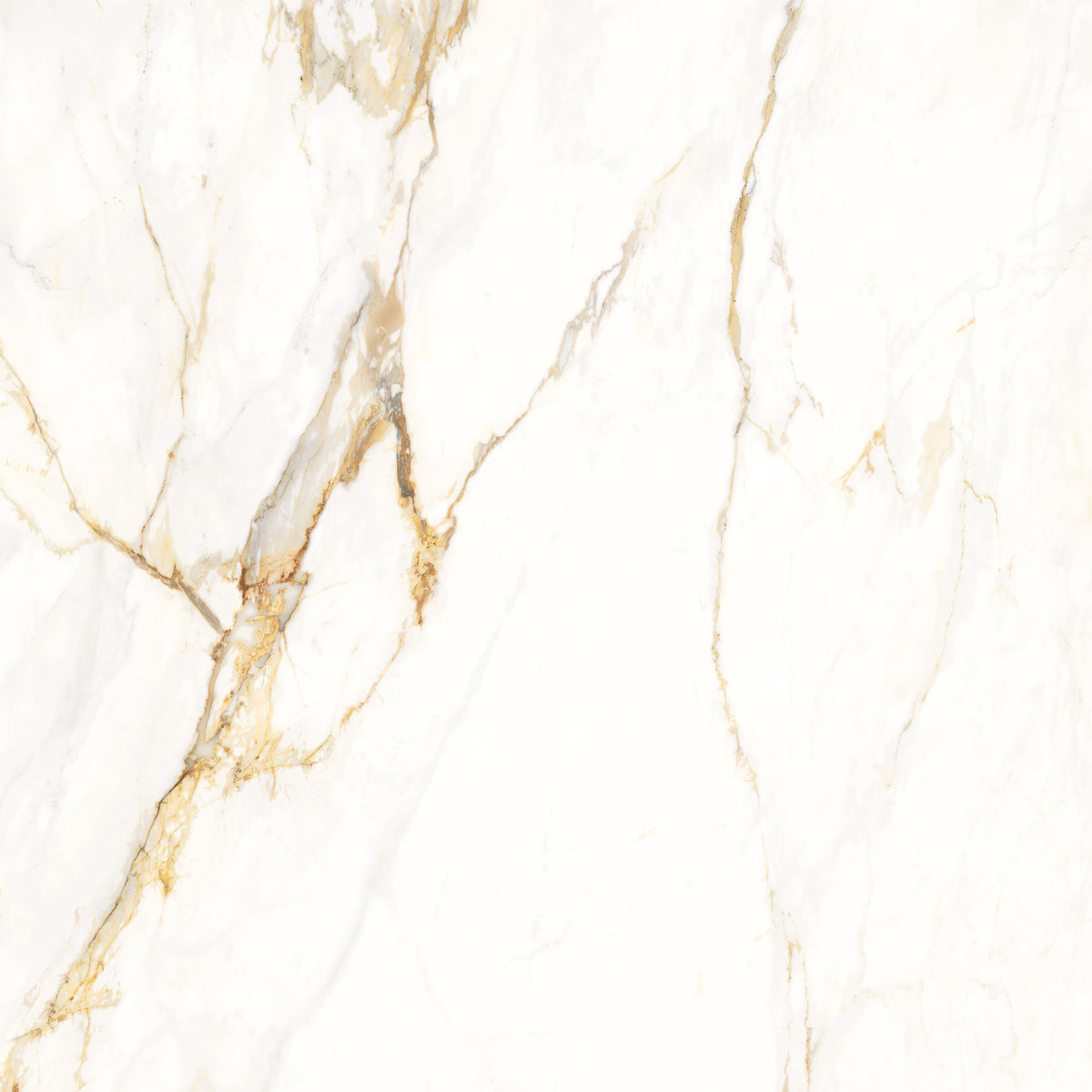 Bellara Calacatta White Porcelain Tile 600 × 600 mm with grey and warm gold marble-inspired veining and a matt finish.