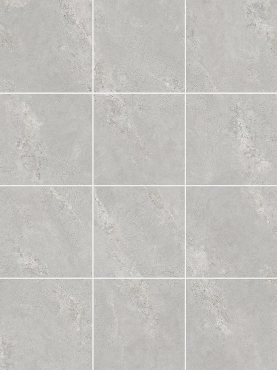 Bellarion Grey matt porcelain tile in a 600 x 600 mm format, featuring subtle grey tonal variation for a clean, contemporary interior look.