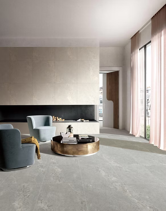 Bellarion Grey matt porcelain tile in a 600 x 600 mm format, featuring subtle grey tonal variation for a clean, contemporary interior look.