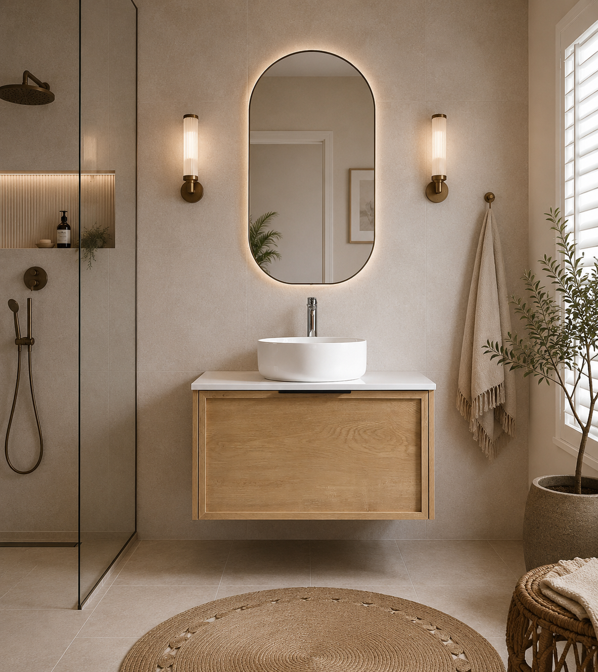 Modern bathroom with wooden vanity, round mirror, and natural decor