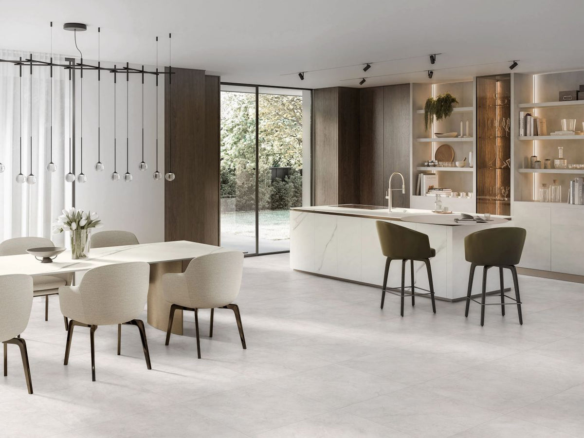 Canterbury White matt porcelain tile in 600 x 600 mm, featuring a soft white base and subtle grey veining for contemporary interiors.
