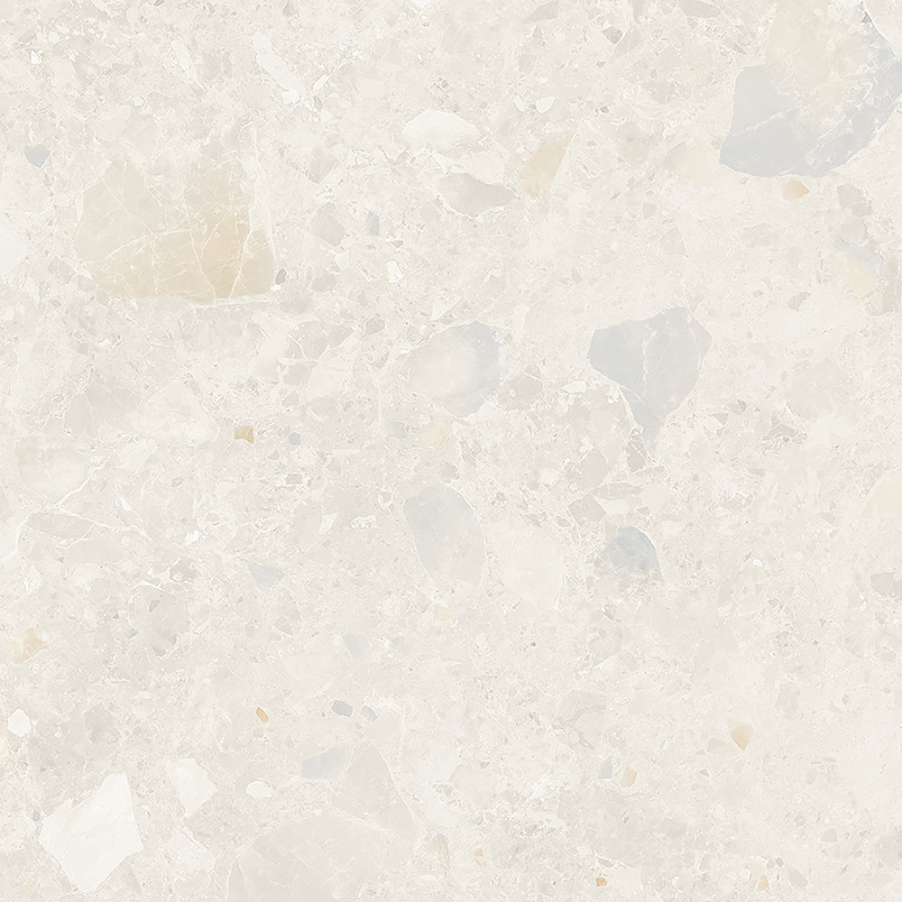Shop Cavelle Ivory Matt Tile 600 x 600mm, featuring a soft ivory terrazzo-style pattern and refined matt finish for elegant modern interiors.