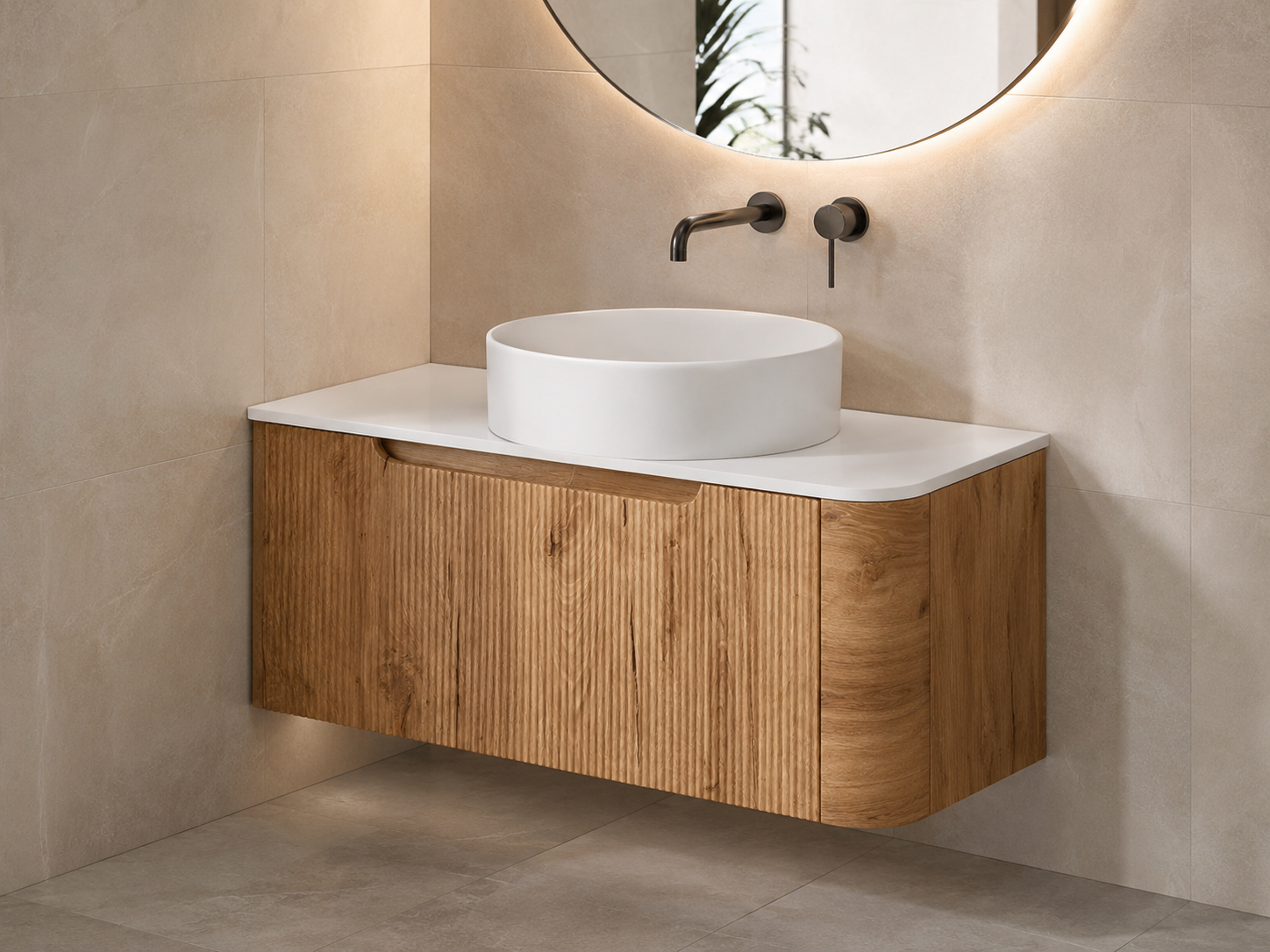 Arlocurve Fluted Front Right Curve Wall-Hung Vanity – 900 mm (Oak)