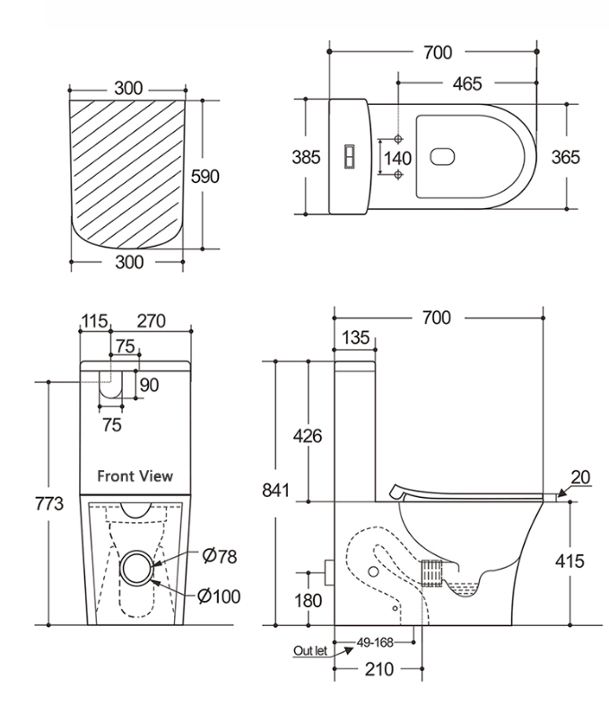 Dimensions of Clearwell gloss white rimless toilet suite with Tornado flushing, Geberit internal fittings, a soft-close quick-release seat and WELS 4 Star rating.