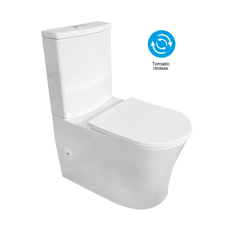 Clearwell gloss white rimless toilet suite with Tornado flushing, Geberit internal fittings, a soft-close quick-release seat and WELS 4 Star rating.