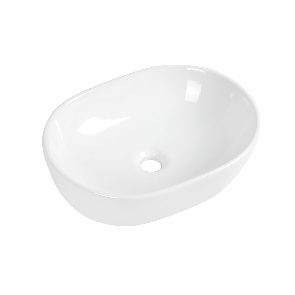 Daisy 480mm pill-shaped above counter basin in gloss white with a smooth finish and a minimalist, elongated oval design.